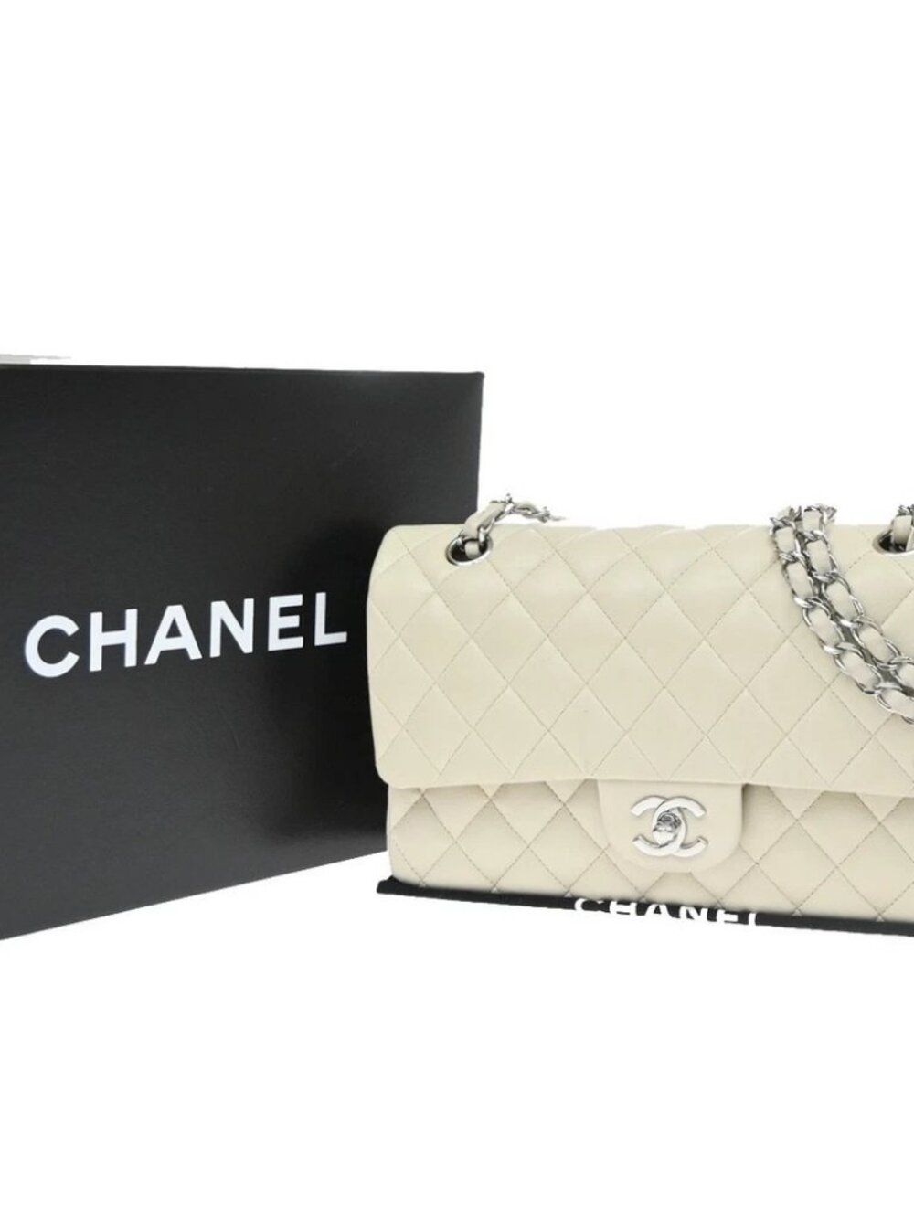 CHANEL CC Matelasse 25 Double Flap Chain Shoulder Bag Leather White SHW 700RP187